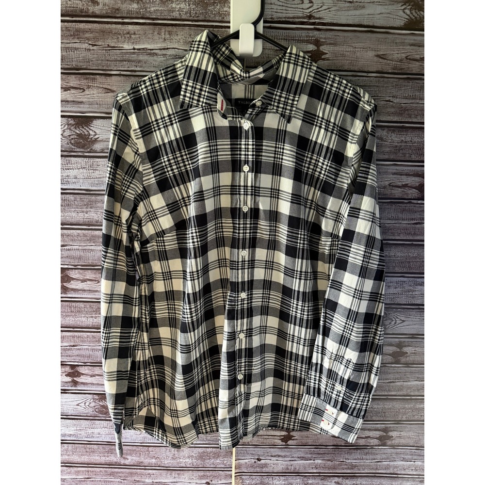 Talbots Women's Long-Sleeved Button-Down Top Size L Black White Plaid NWT